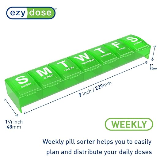 EZY DOSE Weekly (7-Day) Pill Case, Medicine Planner, Vitamin Organizer, 2X-Large Contoured Compartments for Easy Pill Removal, Color May Vary, BPA Free
