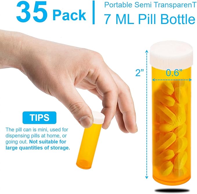 SenseYo 35 Pack 2.5 Dram Small Empty Medicine Pill Bottles Cases Containers Organizers with Caps for Prescription Medication