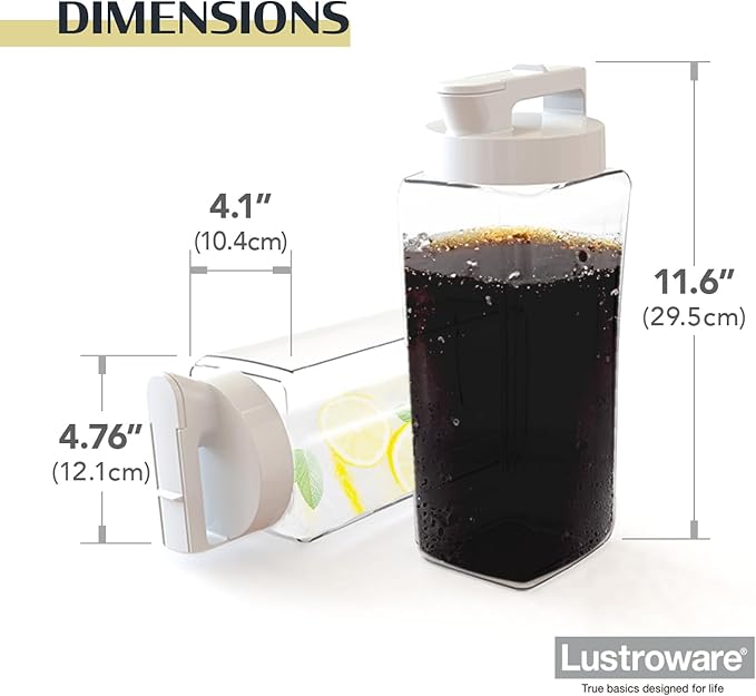 Lustroware SlideServe Slim Airtight Pitcher - 2.1L (70oz), Heat Resistant, BPA-Free SAN Plastic, Space-Saving, Made in Japan - White