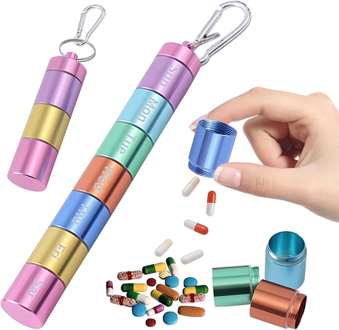 Pill Box Organiser, Portable Weekly Pill Box, 7 Day 1 Times a Day Compartments Tablet Organiser Box, Rainbow Metal Pill Holder Waterproof Pill Case with Keychain for Outdoor Travel Camping Work