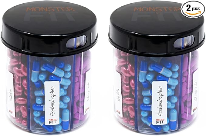 Monster Jr Supplement Pill Dispenser with Labels - Holds Small Medium Medication Vitamins and Easily Dispense from One Container Includes Compartment Labels (Monster Jr - 2 Pack)