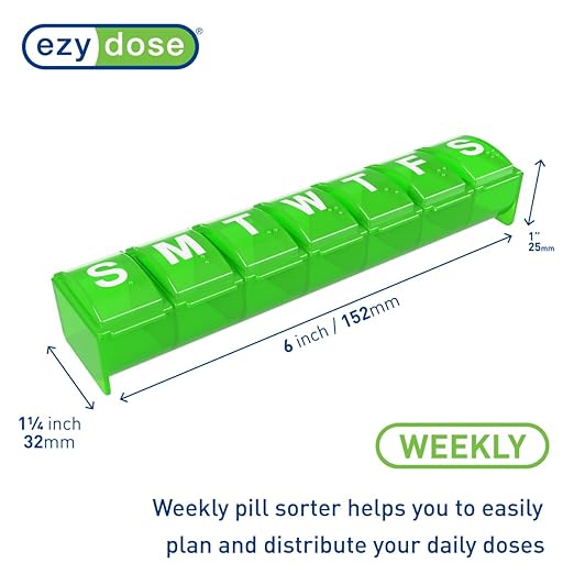 EZY DOSE Weekly (7-Day) Pill Organizer, Medicine Planner with Large Compartments for Easy Pill Removal, BPA-Free Vitamin Box, Travel-Friendly Pill Case, Durable & Portable, Color May Vary