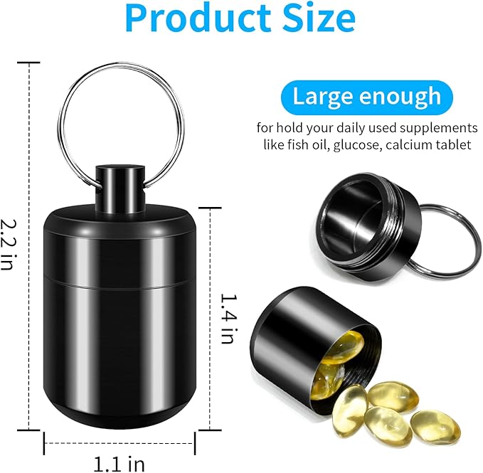 Pill Keychain Holder - Small Pill Box Waterproof Pills Fob Organizer Portable Ring Holder Keychain for Purse (Black)