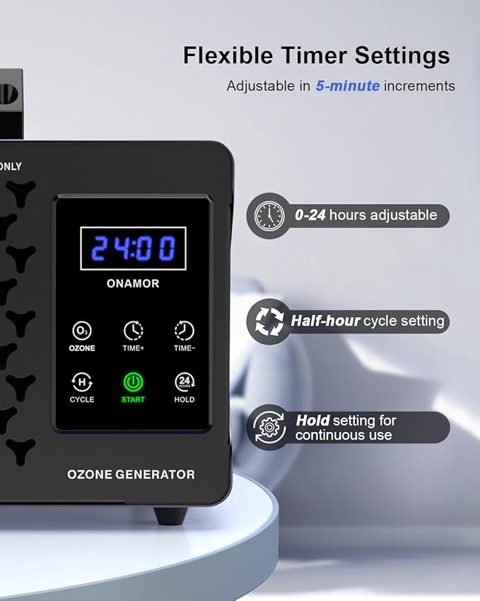 ONAMOR Digital Ozone Generator Odor Eliminator 180,000mg, High Capacity Ozone Machine Odor Removal Up to 8,000 Sq.Ft, Ozone Odor Eliminator, Ionizer Ozonator for Home, Car, Smoke, Pet Room (Grey)