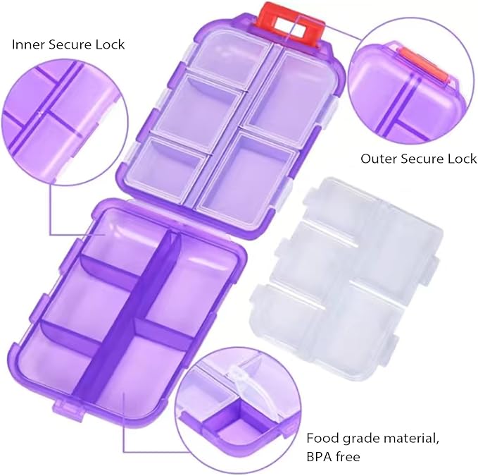 4PCS 7-Day Pill Organizer with Labels – Compact Daily Medication Case | Travel-Sized (3.7" x 2.4") Secure Lock | AM/PM Compartments | Includes 300+ Common Medicines Vitamins Health Product Sticker