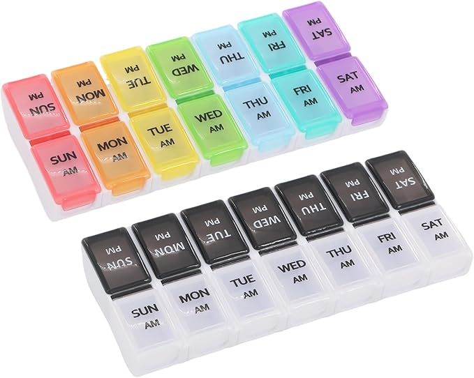 2 PCS Pill Organizer 2 Times a Day for Easy Tracking, Cute Weekly Pill Organizer for Vitamins, Fish Oil, Supplements, Medicines (Colorful/White and Black)