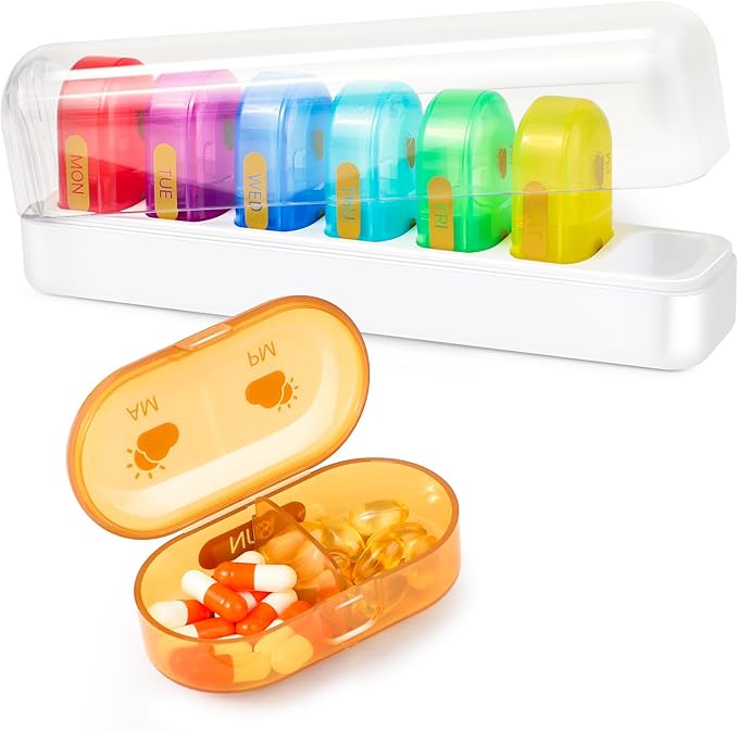Weekly Pill Organizer 7-Day, XXL Large Pill Organizer, Cute and Colorful Pillbox, Detachable Pill Box with Clear Lids for Vitamin, Medicine, Supplement, Fish Oil