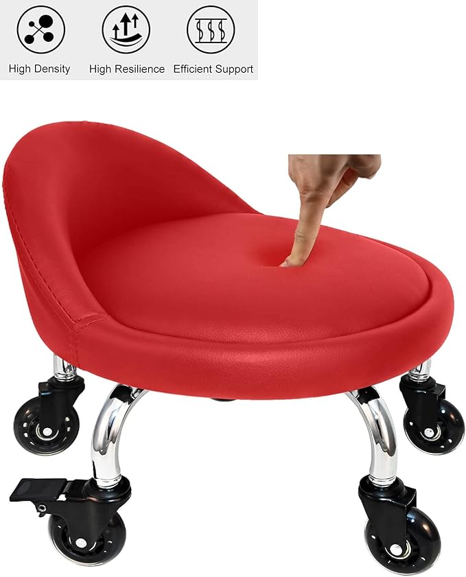 Rolling Stool with Backrest 450 Lbs High Weight Capacity PU Leather Roller Seat and Heavy-Duty Crystal Universal Wheels for Men Women Furniture Gift, Home Office Red