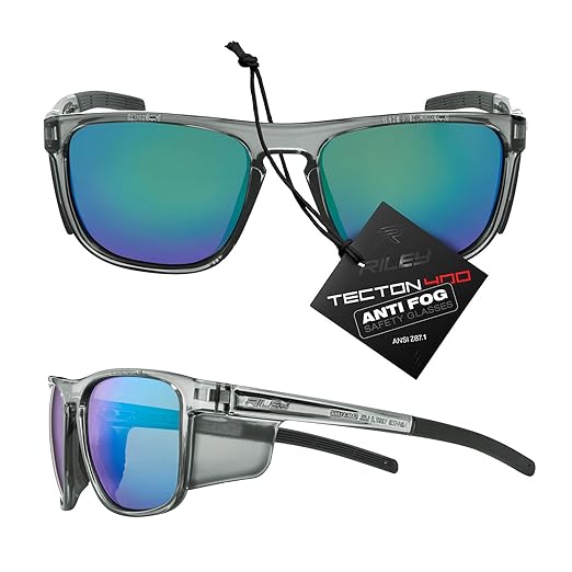 Riley Navigator X Safety Glasses – Anti-Fog, Scratch/Impact Resistant & UV Blocking, Lightweight Full-Frame for Work, Outdoors, & Active Lifestyles, Emerald Green Mirror/Gray