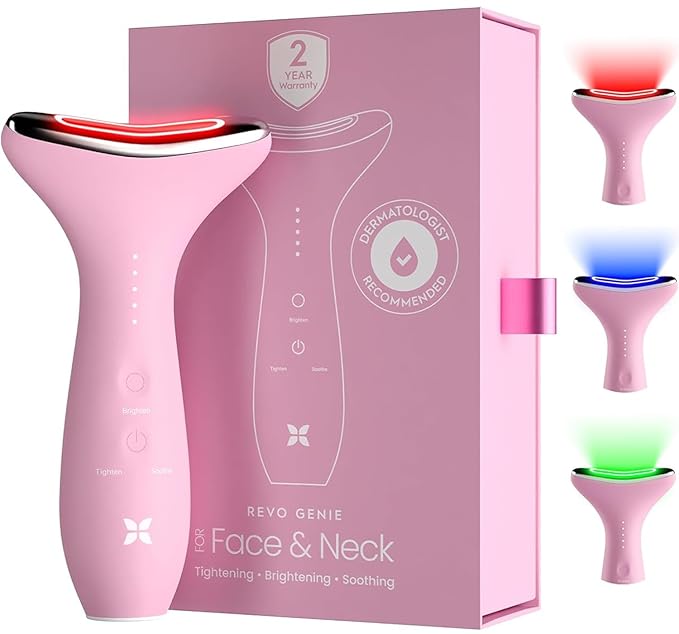 REVO Genie Facial Massager for Face and Neck, LED Face Lift Device with Heat & Vibration, Lymphatic Drainage Depuffing Tool, Red Blue Green Light Therapy for Skin Tightening & Skincare Absorption