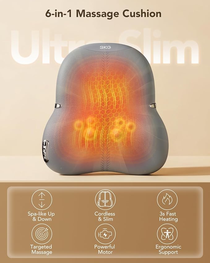 SKG TS700 Cordless Full Back Massager for Pain Relief Deep Tissue Up and Down 4D Shiatsu Back Massager with Heat Gifts for Men and Women Dad Mom Grandpa