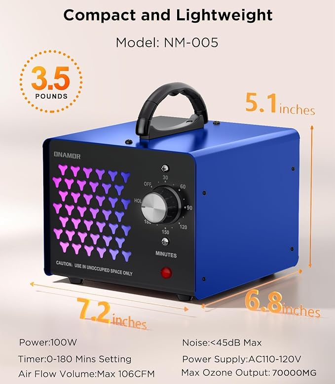 ONAMOR Ozone Generator Odor Eliminator 70000mg, High Capacity Ozone Machine Odor Removal Up to 6000 Sq.Ft, Ozone Ionizer Ozonator for Smoke, Car, Basement And Pet Room, Blue