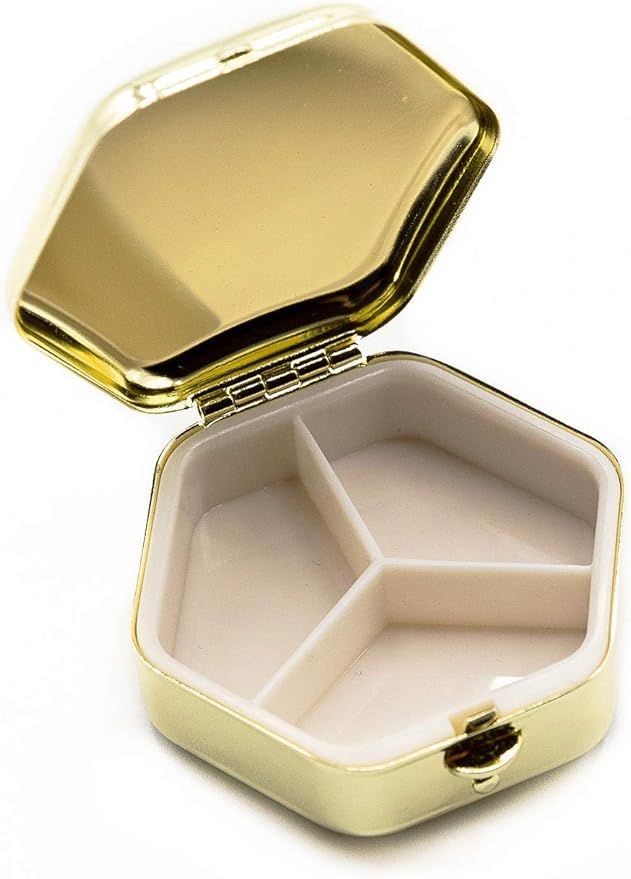 Gold Octagon - Pocket Purse Portable Travel Pill Box & Medicine Organizer (3 Compartments)