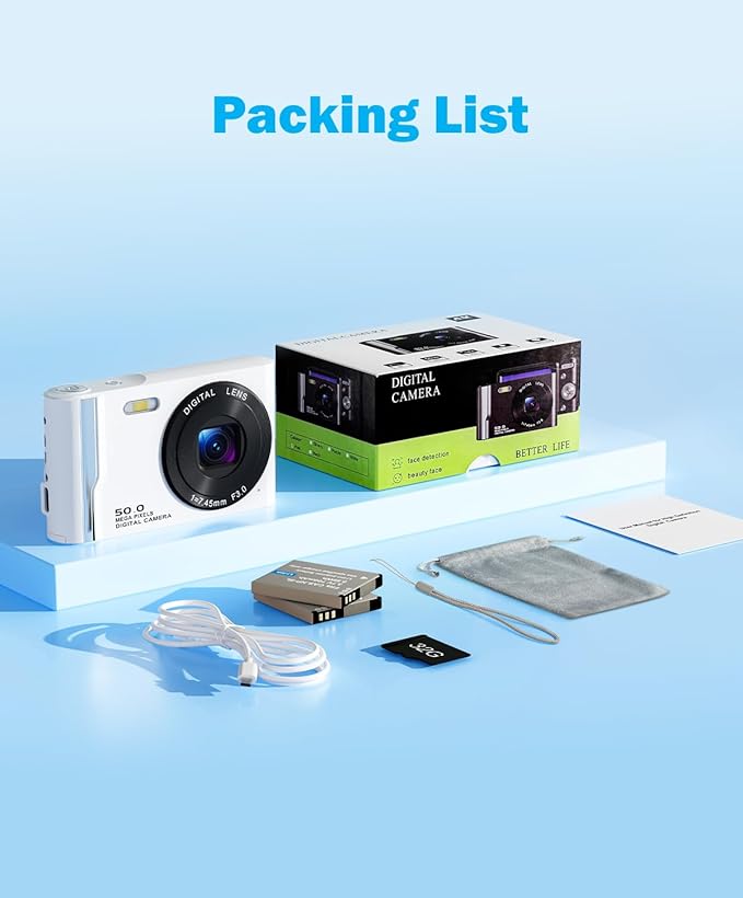 50MP 4K Digital Camera for Photography, Autofocus Vlogging Camera with 32GB TF Card & 2 Batteries, 16X Zoom Compact Point and Shoot Camera for Kids Teens Beginners, White