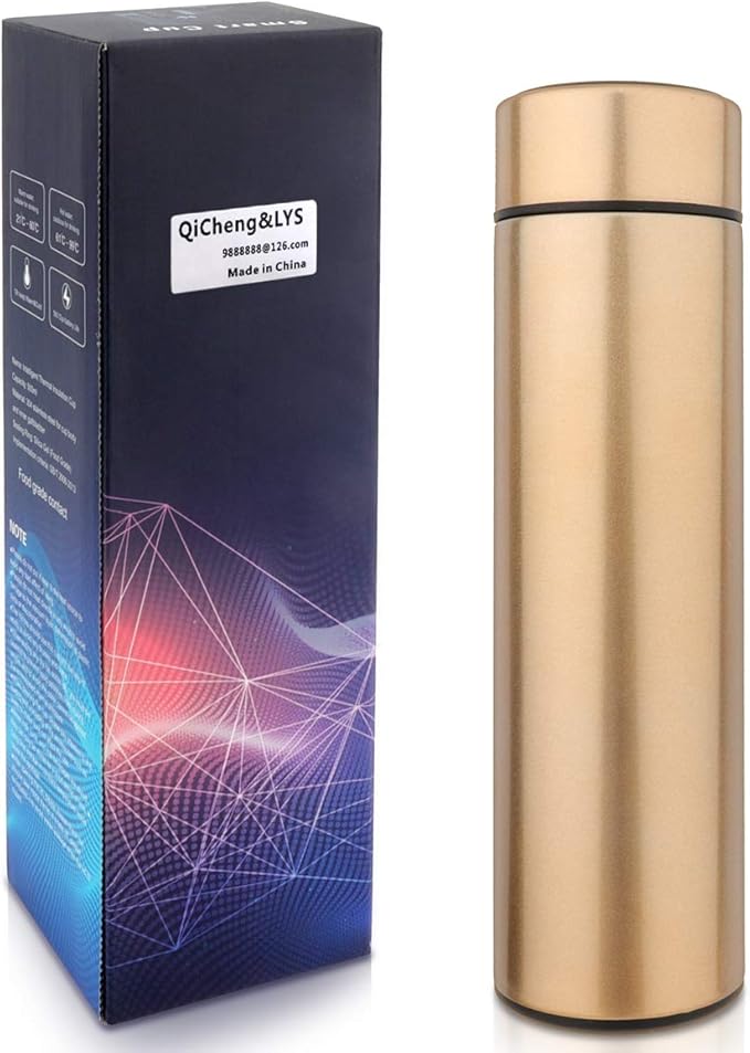 QiCheng&LYS Coffee Cup,Tea Infuser Bottle,Smart Sports Water Bottle with LED Temperature Display,17 OZ Vacuum-Insulated Stainless-Steel Water Bottle (Gold)