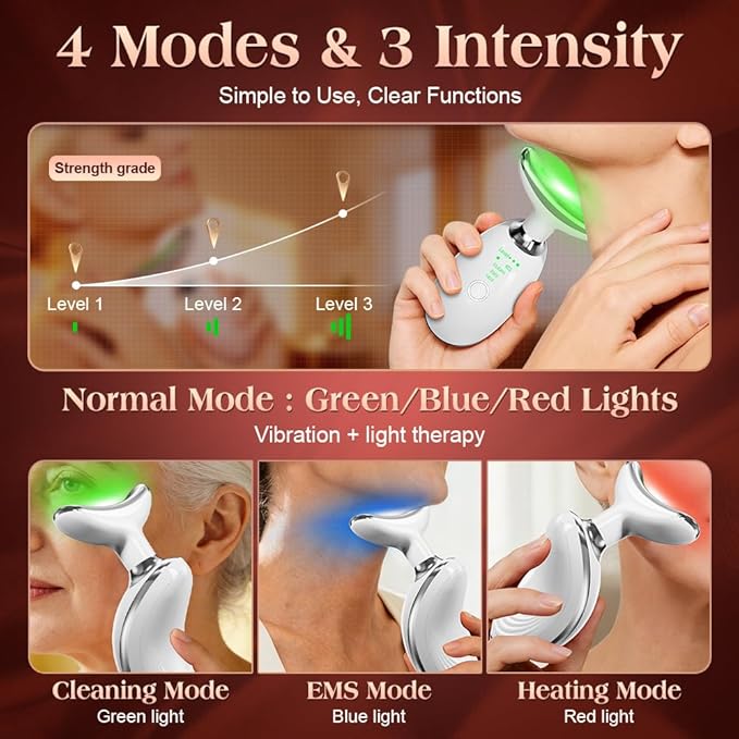 Face and Neck Massager Tool with Heat & 3 Light Therapies, Smart Vibration, Red-Light-Therapy and EMS Modes, Gua Sha Facial Tools for Face and Neck Skin Care and TMJ Relief (White)