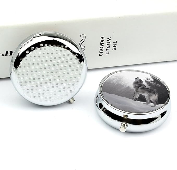 Howling Wolf Pill Box Travel Pill Case for Purse Pocket Weekly Medicine Organizer with Mirror 3 Compartment Round Medicine Case Portable PillcaseHolder for Daily