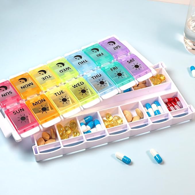 Extra Large Weekly AM/PM Pill Organizer with Spring Open Design,7-Day Medicine Box with Push Button, Pill Planner with Rainbow Colores lids,Portable Pill Case and Large Compartment for Travel.