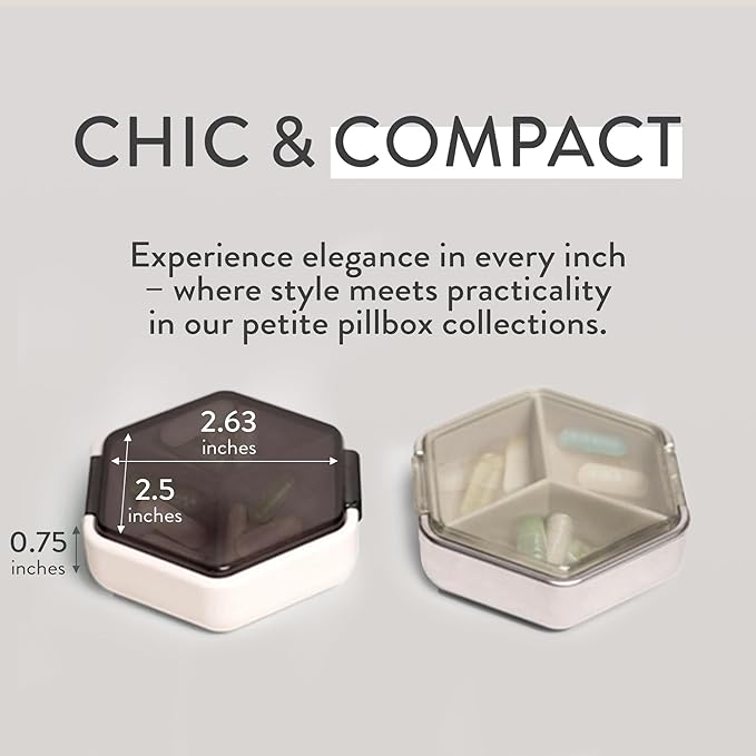 Petite Pill Box Set - Stylish Compact Daily Pill Organizer, Medication Pill Case, Pill Container for Vitamin Management, Travel Essentials for Women/Men - Set of 2, Blanc & Platinum