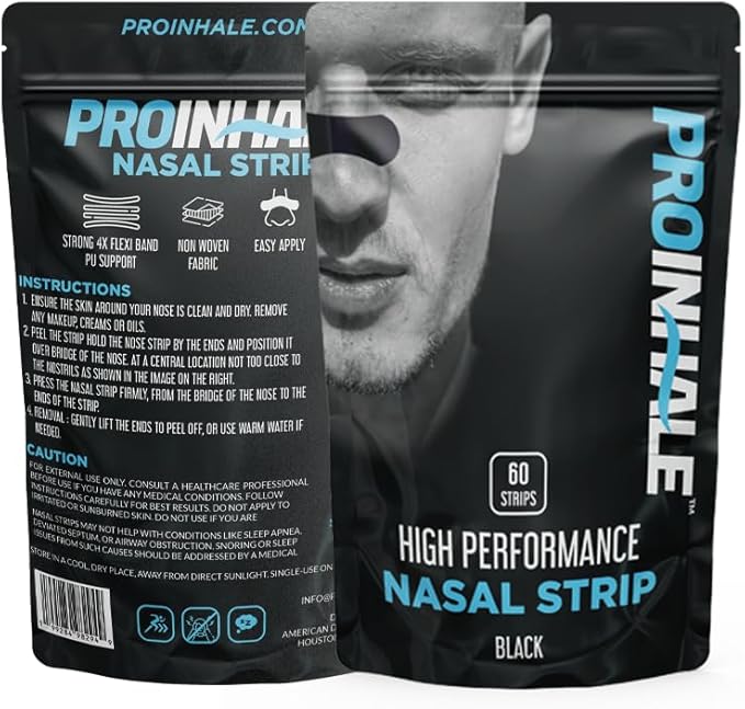 ProInhale™ Athletic Nose Strips for Breathing – Flexible Nasal Strip for Comfortable Fit, Secure Hold, Non-Slip Adhesive Nose Tape, Sport and Sleep Nose Strips, 60 Count Nasal Expander Strips