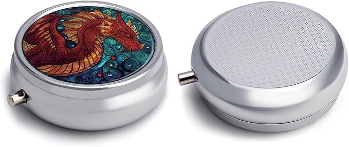 Transparent 3-Compartment Medicine Pill Case, Portable Round Pill Box for Pocket or Purse, Decorative Metal Medicine Vitamin Organizer. (Dragon)