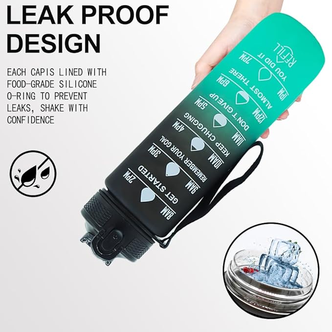 32oz Sports Water Bottle Outdoor, with Drinking Time and Capacity Labels, Sport Water Cups with Straw,BPA Free Leak Proof,for Fitness Gym Running Climbing(Black green)