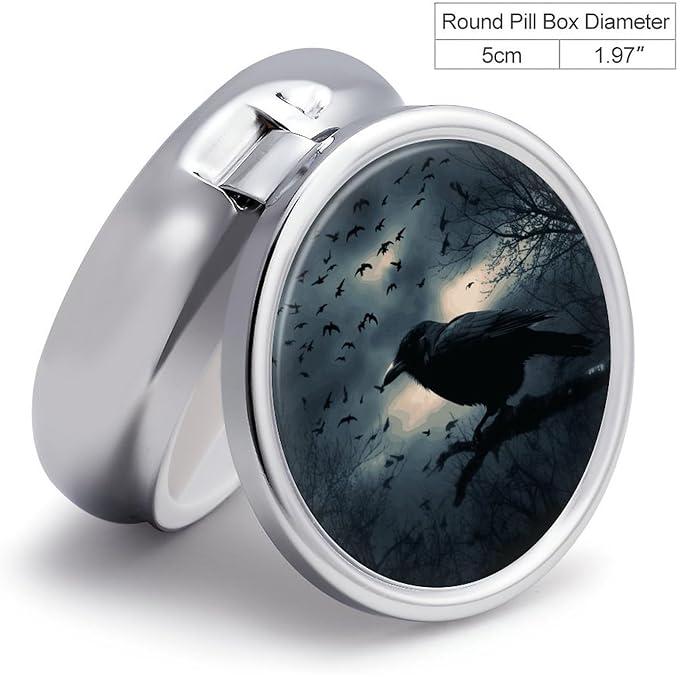 Night Crow Pill Box Travel Pill Case for Purse Pocket Weekly Medicine Organizer with Mirror 3 Compartment Round Medicine Case Portable PillcaseHolder for Daily