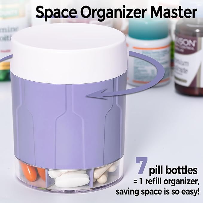 Betife Extra Large Supplement Organizer,Weekly Pill Organizer Bottle, Daily Pill Dispenser with 7 Large Compartments, Organizer to Hold 7 Day Vitamin Medication,21 labels and a cleaning brush (Purple)