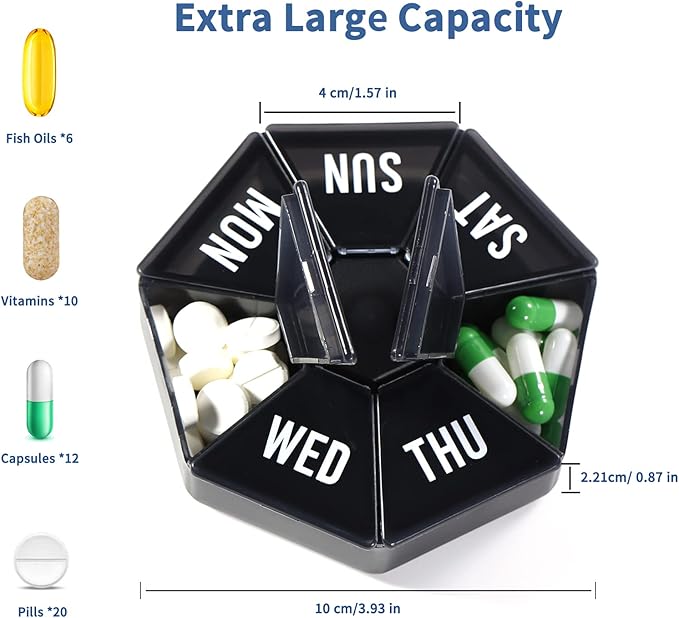 2 PCS-Large Weekly Pill Organizer,XL 7 Day Pill Box Case,Pill Dispenser Portable Small for Pocket or Travel,Pill Container for Vitamin, Cod Liver Oil, Pills, Supplements-Arthritis Friendly (Black)