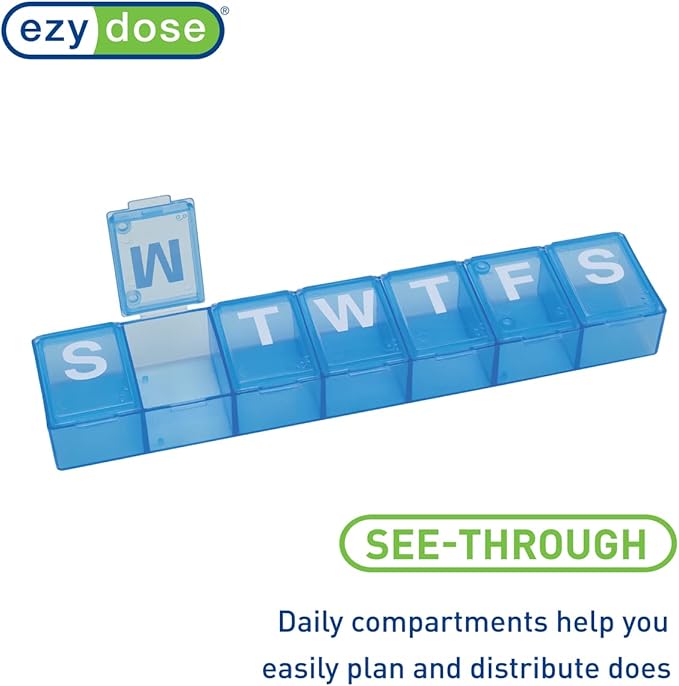 EZY DOSE Weekly 7-Day Pill Organizer, X-Large Vitamin and Medicine Box, Spacious Compartments for Pills and Supplements, Durable Design, Easy-Open Lids, Perfect for Home and Travel Use, Blue