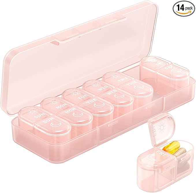 Weekly Pill Organizer 2 Times a Day, Daily AM PM Pill Box Case 7 Day with Large Openings for Easy to Use, Travel Medicine Container for Medication, Vitamins, Supplements - Pink
