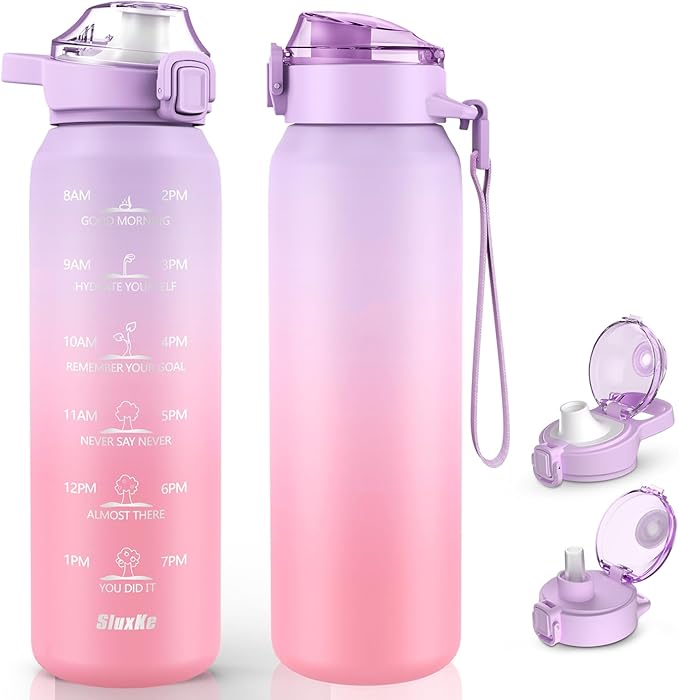 24oz Insulated Water Bottle 18/10 Stainless Steel with 2Lids(Straw Lid& Spout Lids), 700ml Double Wall Vacuum Water Bottle with Handle Keep Cold and Hot for Men, Women & Kids PURPLE PINK