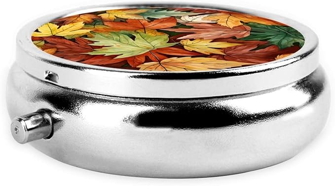 Colorful Fall Maple Leaves Pill Box 3 Compartment Pill Case, Portable Medicine Pill Organizer for Pocket Purse Pill Box Decorative Metal Medicine Vitamin Organizer