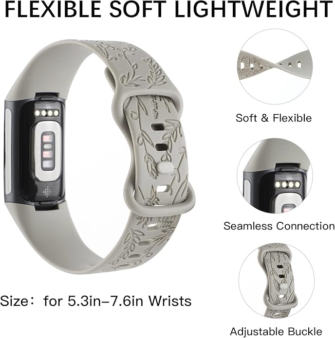 Flower Engraved Bands Compatible with Fitbit Charge 5 Band/Charge 6 Bands Women Cute Floral Engraving Soft Silicone Sport Strap Replacement Wristband for Fitbit Charge 5/6 Tracker Accessories