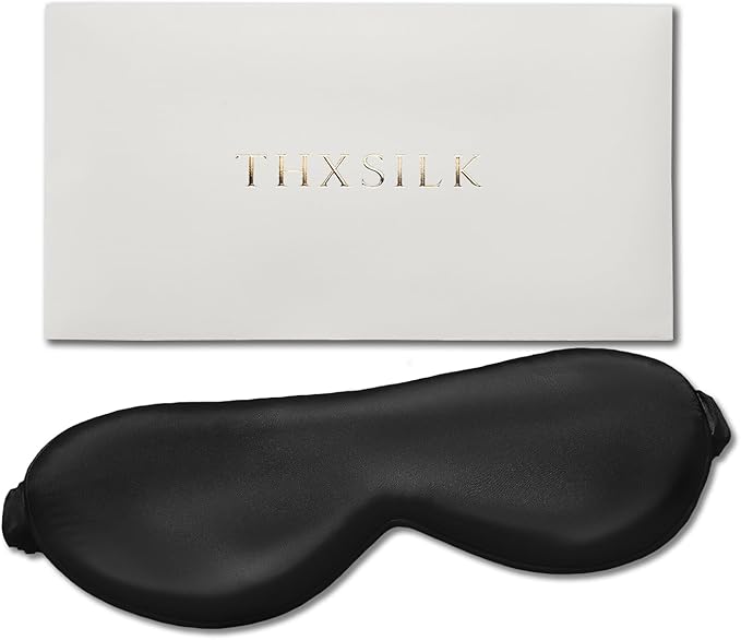 THXSILK 6A+ Grade 25 Momme Silk Sleep Mask, 100% Mulberry Blackout Eye Mask for Sleeping, Soft Lightweight Silk Eye Cover for Women, Men, Travel, Nap, Airplane(4.3×9.7inches,Black)