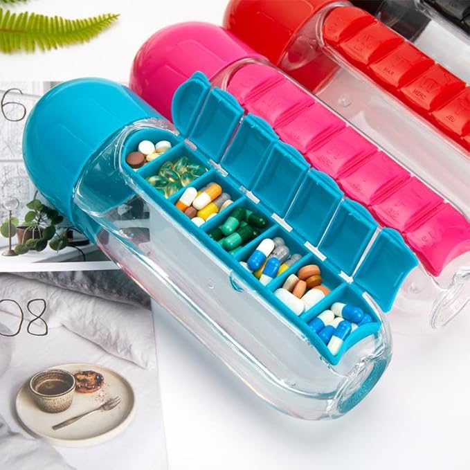 2-in-1 Water Bottle and Pill Organizer, 600ml Capacity, 7 Compartments outdoor capsule cup medicine box dispenser (Rose)