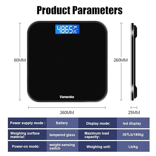 Smart Scale for Body Weight Digital Bathroom Scale with Temperature Indication Corner Design Highly Accurate Body Weight Scale Black Body Fat Scale with Blue LCD Backlight Display 400Lb/180kg