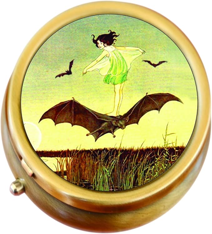 Girl Riding Bat Brass Pill Box