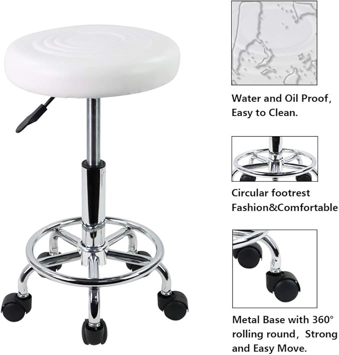 KKTONER PU Leather Modern Round Rolling Stool with Footrest Height Adjustable Spa Drafting Salon Tattoo Work Massage Stools Task Chair Small (White)