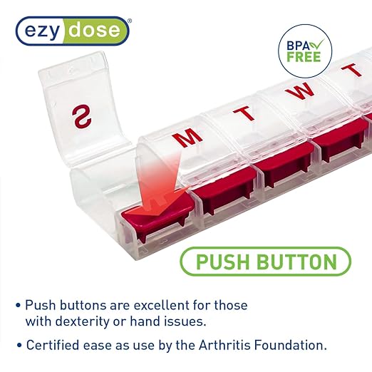 EZY DOSE Weekly (7-Day) AM/PM Daily Pill Organizer, Vitamin Case, and Medicine Container, X-Large Compartments, Arthritis Friendly, Convenient with Effortless Portability, Clear/Red Lids, BPA Free