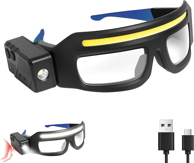 LED Headlight Glasses Rechargeable Headlight Glasses with Motion Sensor & Touch Control, Adjustable Safety Eyewear