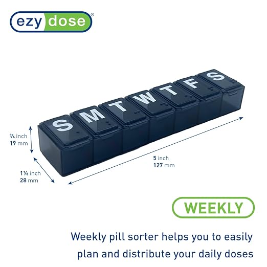 EZY DOSE Weekly (7-Day) Daily Pill Organizer, Vitamin Planner, Medicine Container, Case for Supplements and Fish Oils, Convenient and Easy to Use, Medium Compartments, Travel Friendly, Black, BPA Free