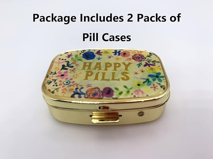 2 Packs of Cute Pill Cases Travel Friendly Portable Compact Metal Pill Organizer Pill Box to Hold Vitamins/Tylenol/Fish Oil/Supplements/Meds/Tablet for Purse/Pocket(Happy Pills)