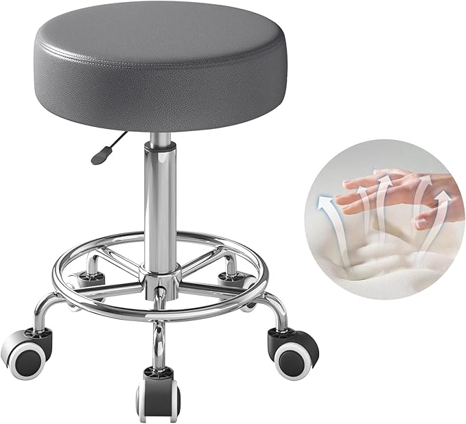 Rolling Stool, Heavy Weight Capacity 250lb, PU Leather Rolling stools, Ultra Soft Padded Seat, Rolling Stools with Wheels and Footrest, 360° Swivel, Spa Drawing Salon Work Office Tattoo Stool (Grey)