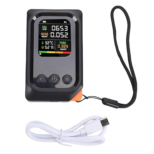 5 in 1 Air Quality Detector, CO2 TVOC HCHO Temp Humid Monitor Rechargeable Battery Voice Alert for Home Office Travel