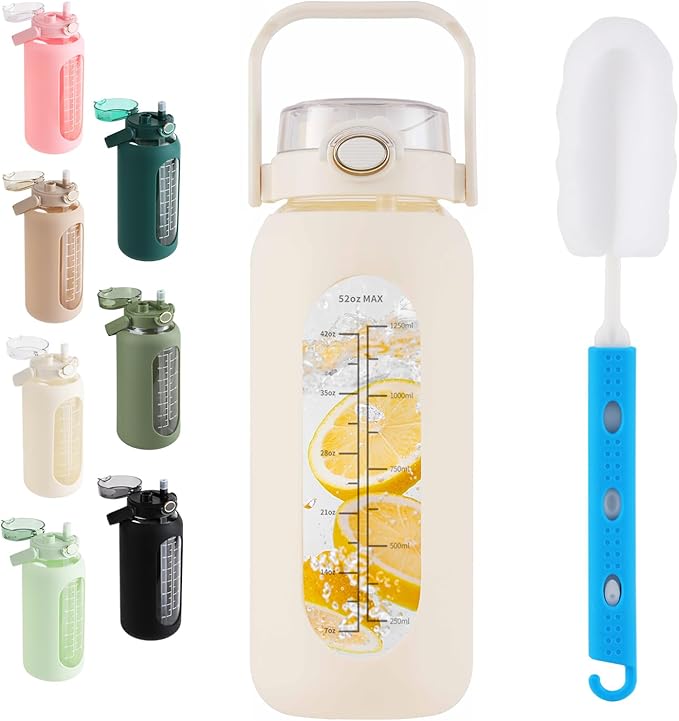 Glass Water Bottle with Straw and Handle Lid Half Gallon Motivational Glass Bottle with Silicone Sleeve and Time Marker Large Reusable Sports Water Jug for Gym Home Workout