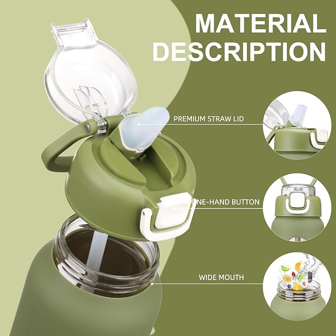 24 oz Glass Water Bottles with 2 Lids-Handle Spout Lid & Straw Lid, Motivational Water Bottle with Time Marker and Silicone Sleeve,Leakproof-Army Green-1 Pack