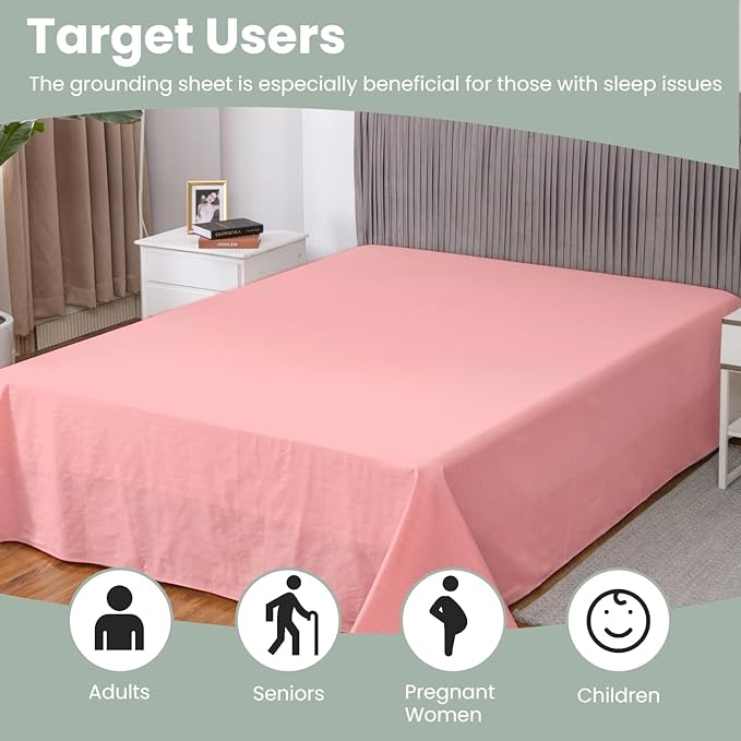 GLUYOHEY Grounding Flat Sheet Full Size (81"x96") Conductive Silver Fiber Earthing Bed Sheets with Grounded Cord Reconnect with Earth’s Energy for Better Sleep and Enhanced Wellness, Pink