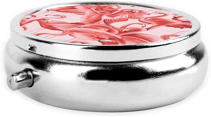 Flamingo Printed Round Travel Pill Box Cute Small Metal Pocket Pill Case for Men & Women 3 Compartment Portable Pill Organizer for Purse or Pocket