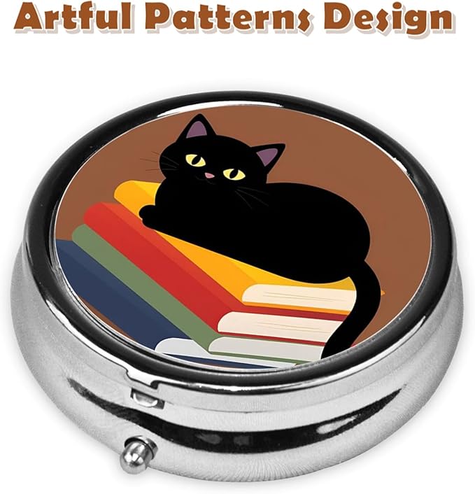 Metal Pill Organizer - 3-Compartment Mini Round Pill Case for Pocket & Purse, Portable Vitamin Holder, Easy-Open Design for Travel - Black Cat and Book